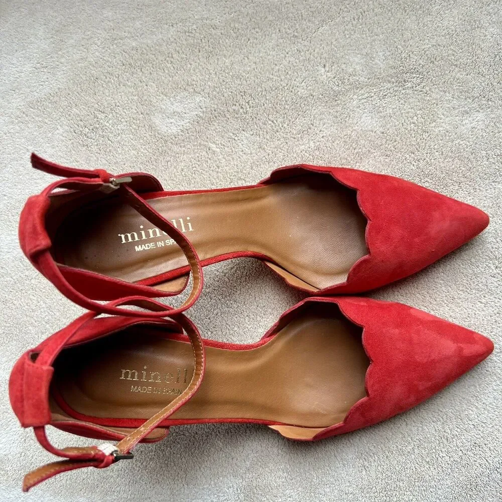 Minelli Spain Red Suede Scalloped Edge Pump Heel Ankle Strap Women EU 38 US‎ 7.5
